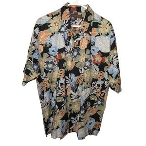 Tori Richard Honolulu Hawaiian Shirt Floral Black Blue Orange Men's Large